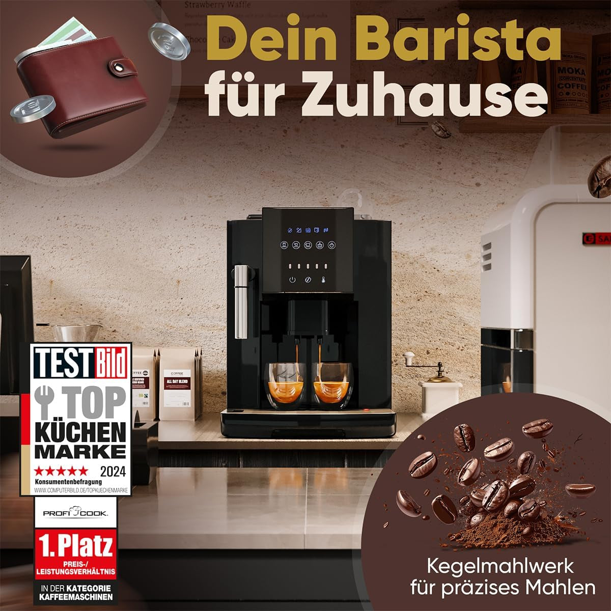 Plně automatický espresso kávovar ProfiCook® s napěňovačem mléka na cappuccino | Kuželový mlýnek | s funkcí ohřevu šálků | Italská profesionální pumpa | Dotykový displej | Espresso | PC KAV 1281