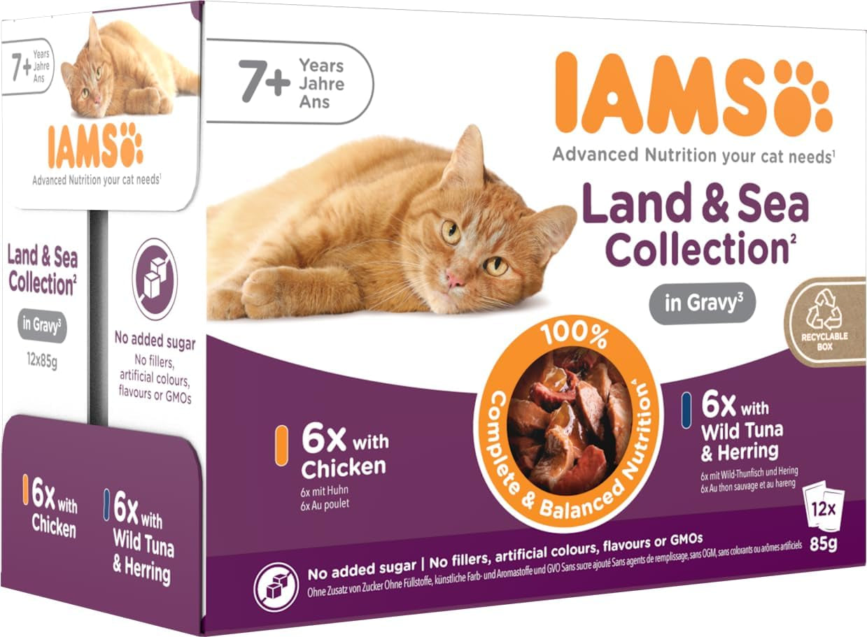IAMS Delights Mokré krmivo pro starší kočky - Multibalení s kuřecím masem a rybou v omáčce, vysoce kvalitní mokré krmivo pro kočky starší 7 let, 12 x 85g