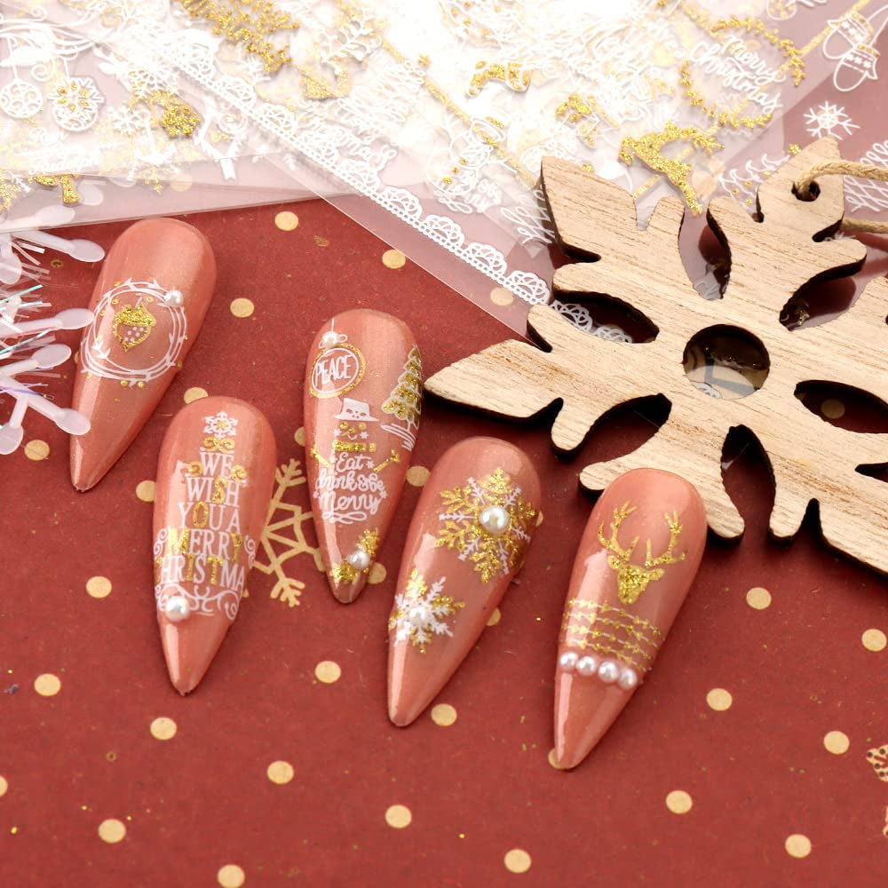 JMEOWIO Nagelsticker Weihnachten 9 Blatt Nail Art Sticker Selbtklebend Nagelaufkleber Schneeflocke Schneemann Festival Weißes Zlatá dekorace Nageldesign Zubehör