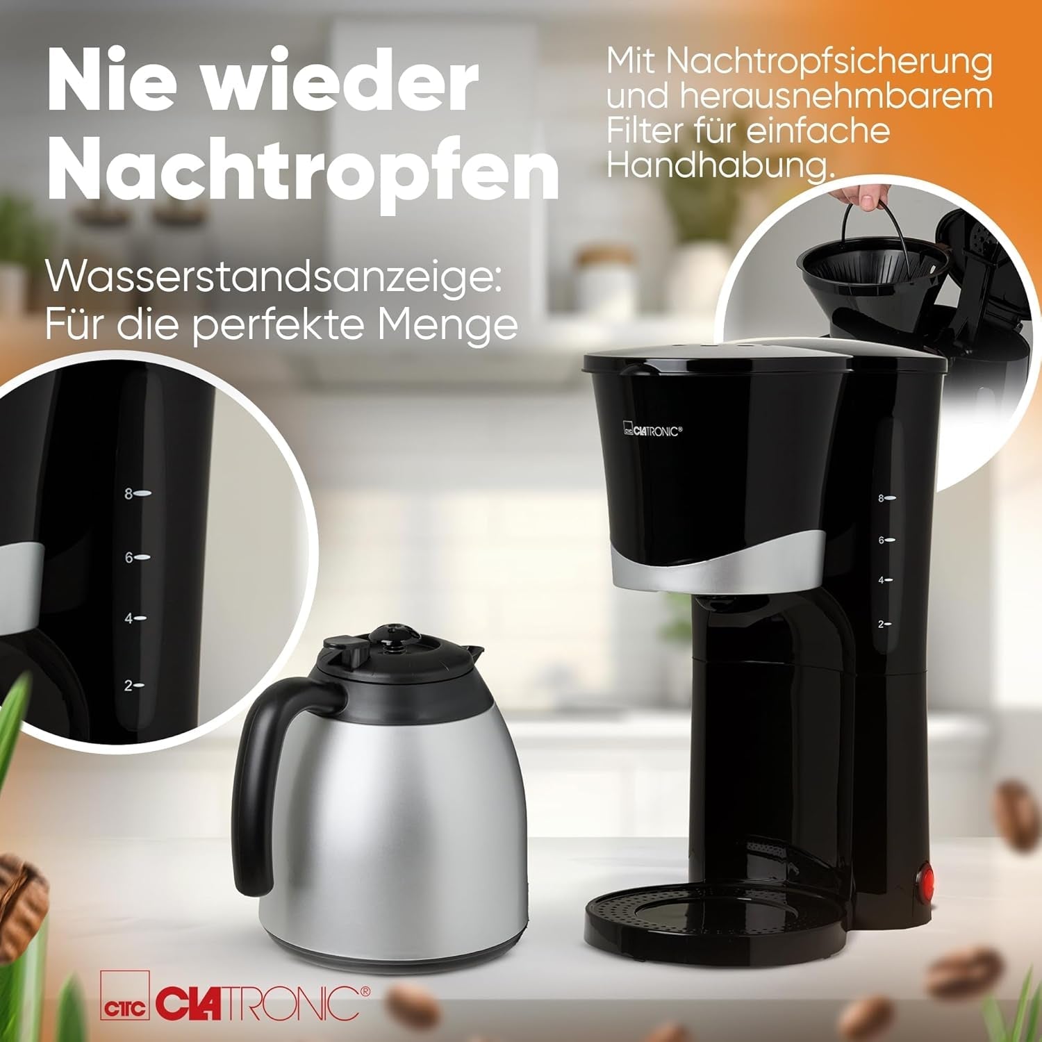 Kávovar Clatronic® s termoskou | na 8-10 šálků kávy | bez teplotních ztrát | kávovar s filtrem | 1 litr | Espresso | Filtrační kávovar s termoskou | KA 3327 černá