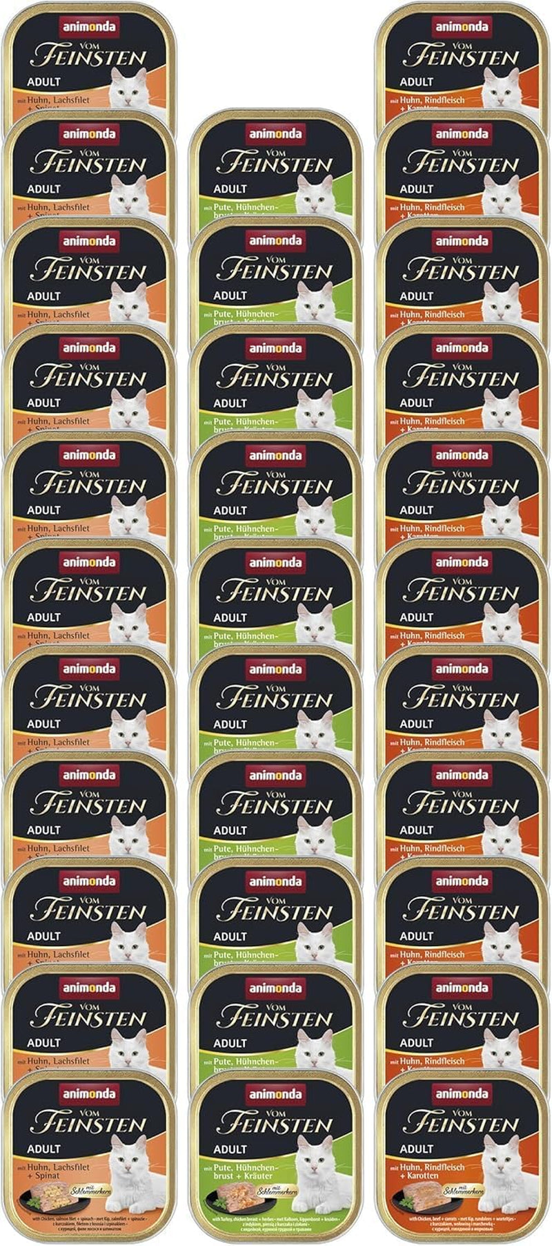 animonda Vom Feinsten Adult Gourmet Variety (32 x 100 g), vlhké krmivo bez obilovin a cukru pro dospělé kočky s neodolatelným gurmánským jádrem.