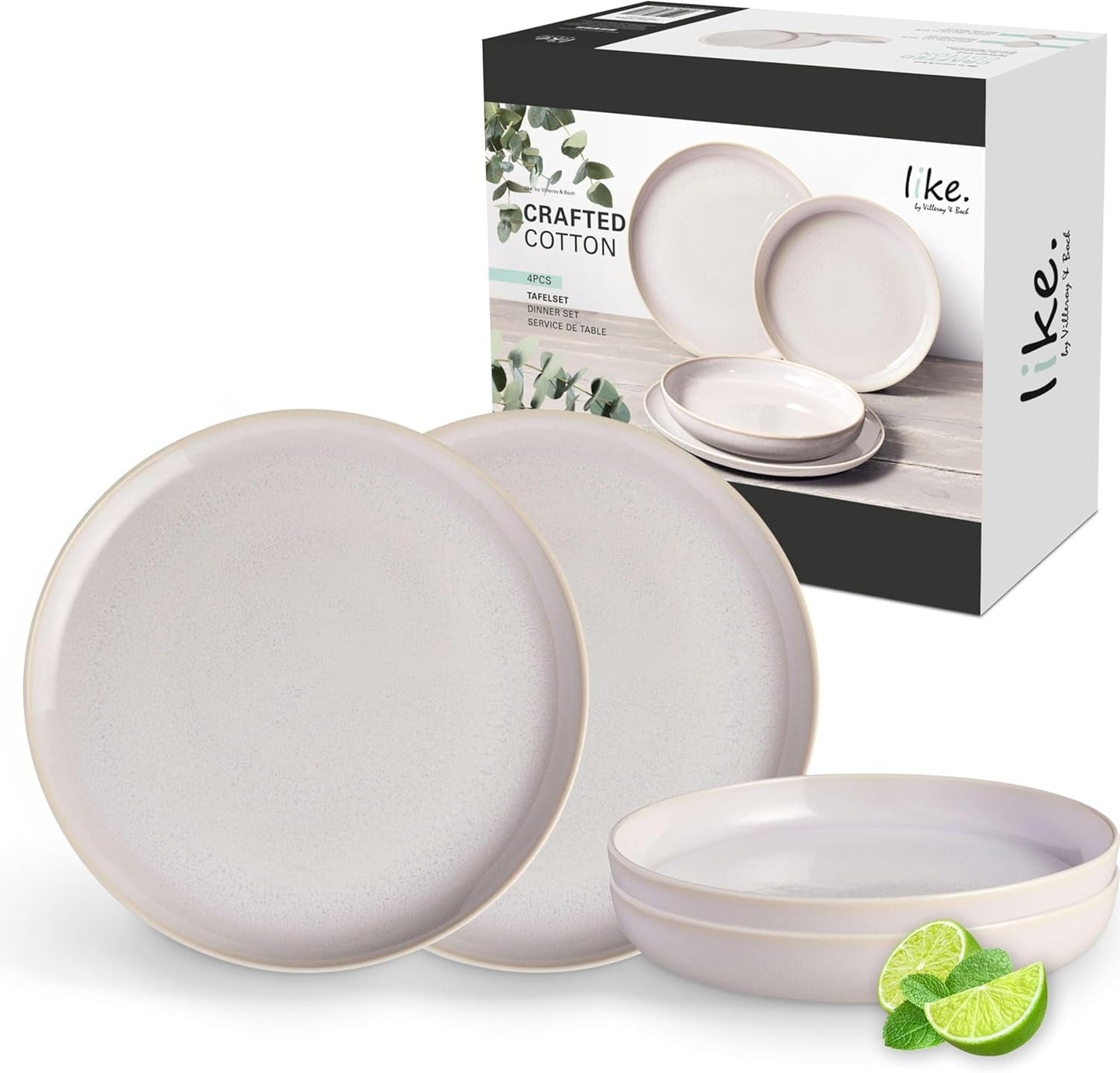jako. od Villeroy & Boch – Večeře z řemeslné bavlny 4 teilig Weiß, Spülmaschinenfest, Mikrowellensicher, Geschirrset, Tafelservice Modern, Speiseteller, Tiefe Teller, Pottery-Look, Premium Porzellan