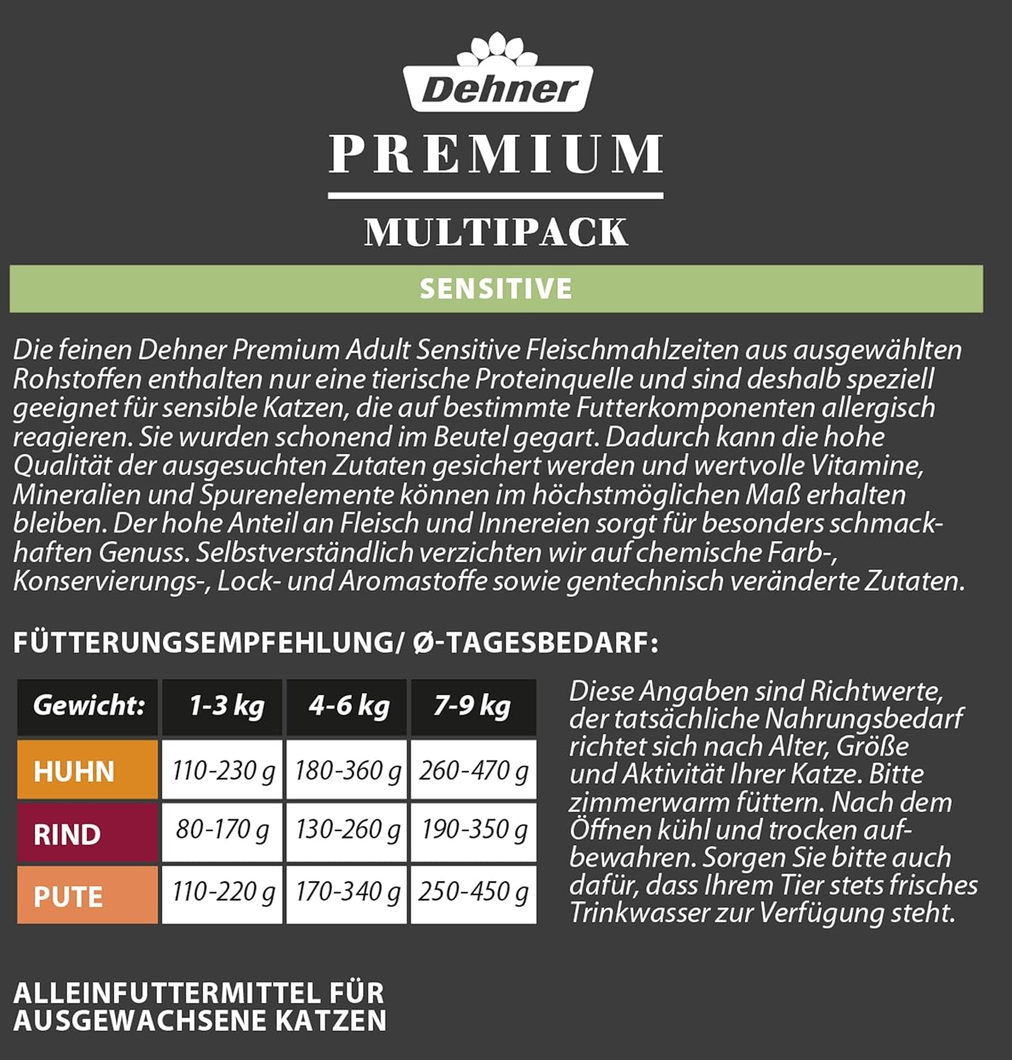 Dehner Premium Katzenfutter Sensitive Multipack, Nassfutter, für ernährungsensible Katzen, je 4 x Huhn / Rind / Pute, 12 x 100 g sáček (1,2 kg)