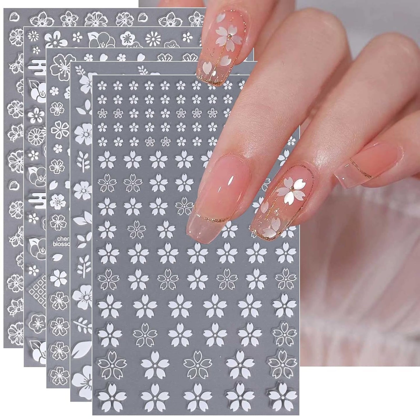 JMEOWIO Nálepka na nehty Frühling Weiße Blume 9 Blatt Nálepka na nehty Selbtklebend Nagelaufkleber Letní Blumen Dekorace Nageldesign Zubehör