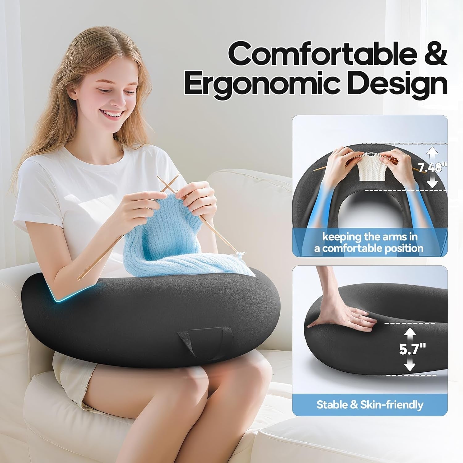 Polštář na hraní a čtení, Polštář na čtení na postel/gauč/na podlahu, Polštář na krmení/háčkovaný polštář s velkým ergonomickým herním polštářem, Polštář pro hráče pro iPad/Laptop – černý