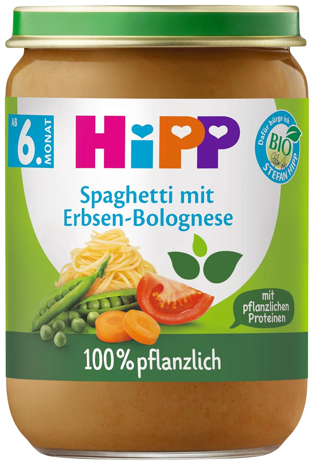 HiPP bio boloňské špagety s hráškem (6 x 190 g), kojenecká strava od 5/6 měsíců, 100% rostlinné, bez přidané soli, nejlepší bio kvalita