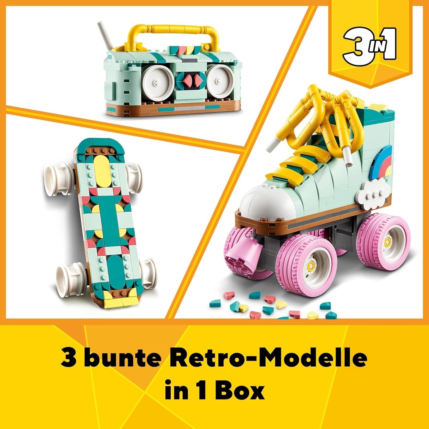 Hračka na kolečkové brusle LEGO Creator 3v1 pro dívky a chlapce s mini skateboardem a Boomboxem, retro dekorace do ložnice, dárek k narozeninám pro 8 let 31148 Stavebnice Besuche den LEGO-Store