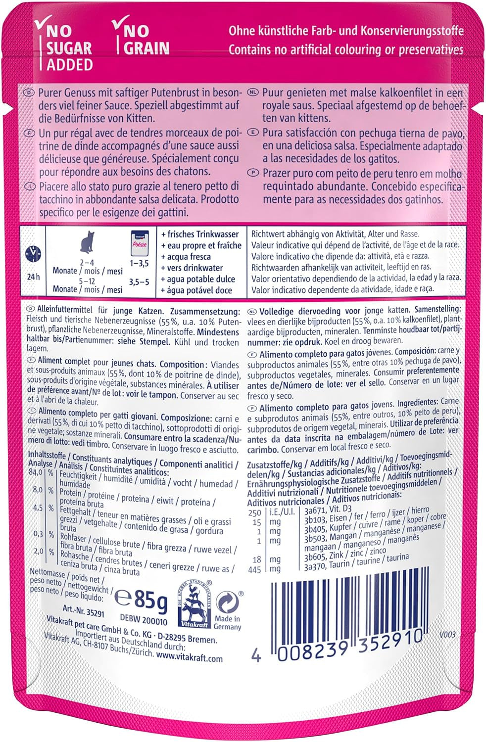Vitakraft Poésie Délice, Junior, Mokré krmivo pro kočky, Mokré krmivo v omáčce, s krůtím masem, Multipack, pro mladé kočky, Bez přidaného cukru a obilovin (23 x 85 g)