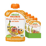 FRECHE FREUNDE Broskev Jablko Banán Oves Bio Ovocné pyré s cereáliemi ve stlačitelném sáčku pro děti 6 měsíců+ Vegan 6 balení (6 x 100 g)