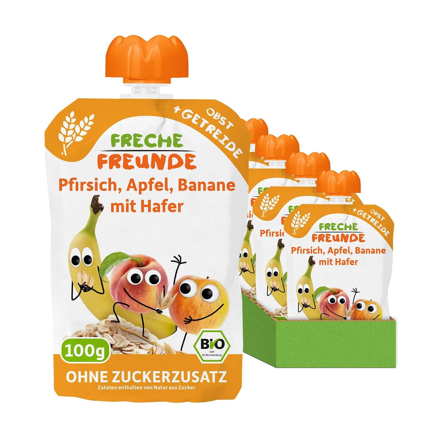 FRECHE FREUNDE Broskev Jablko Banán Oves Bio Ovocné pyré s cereáliemi ve stlačitelném sáčku pro děti 6 měsíců+ Vegan 6 balení (6 x 100 g)