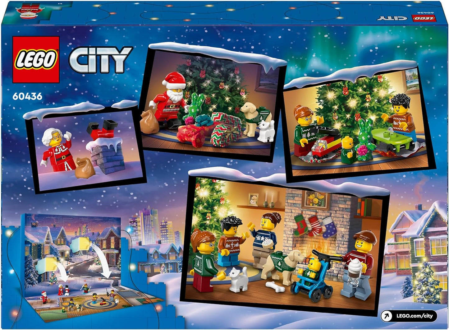 LEGO City Adventní kalendář 2024, adventní dárek pro děti od 5 let, 24 překvapení, minifigurky ve vánočním overalu, Santa Claus a paní Santa Clausová, vánoční dárek 60436 Stavebnice Besuche den LEGO-Store