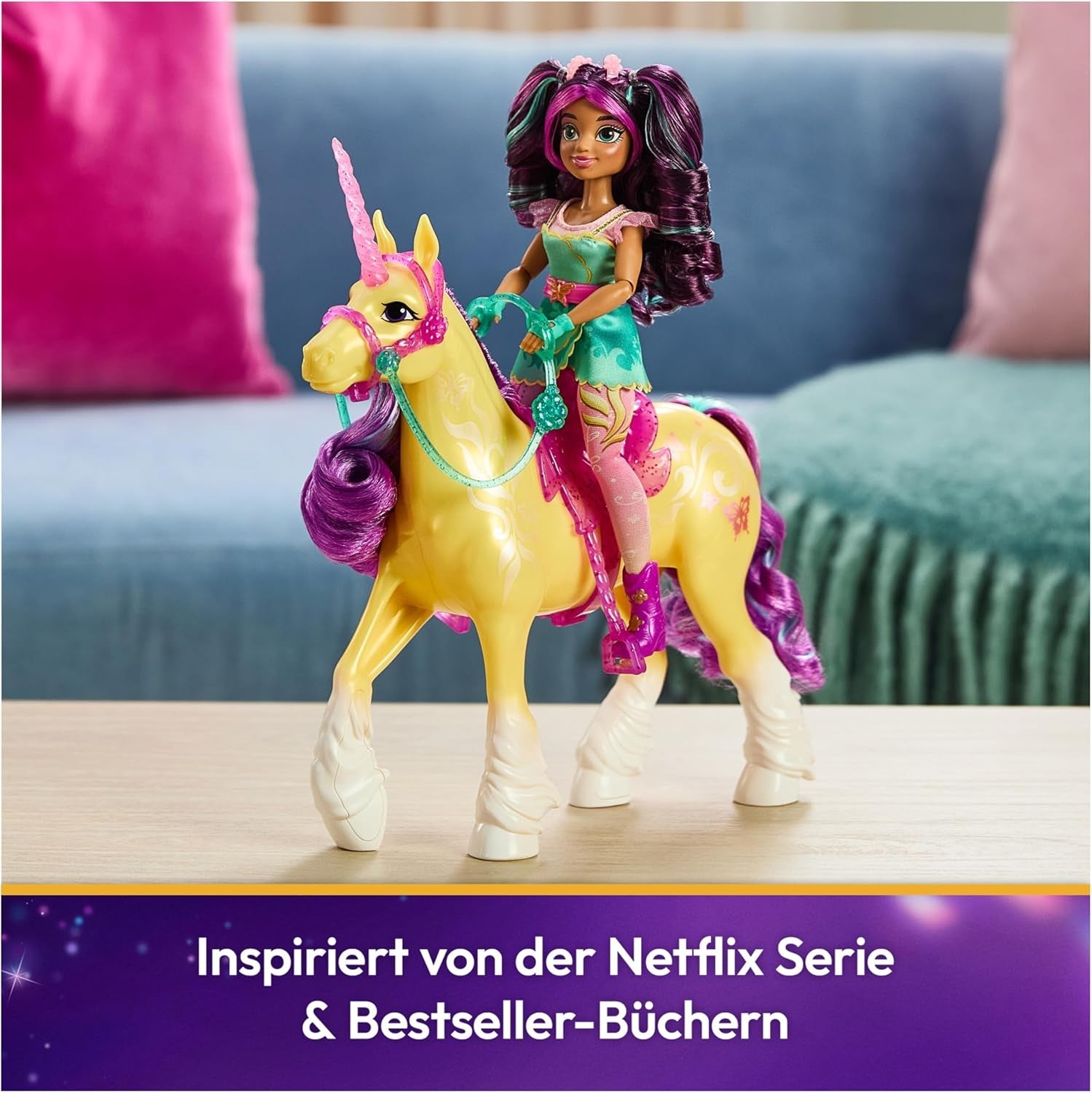 Unicorn Leaf Unicorn Academy - 28 cm vysoký originální jednorožec Ava ze série Netflix se skutečnou hřívou a ocasem, odnímatelnou uzdou a sedlem a kartáčem, pro děti od 4 let