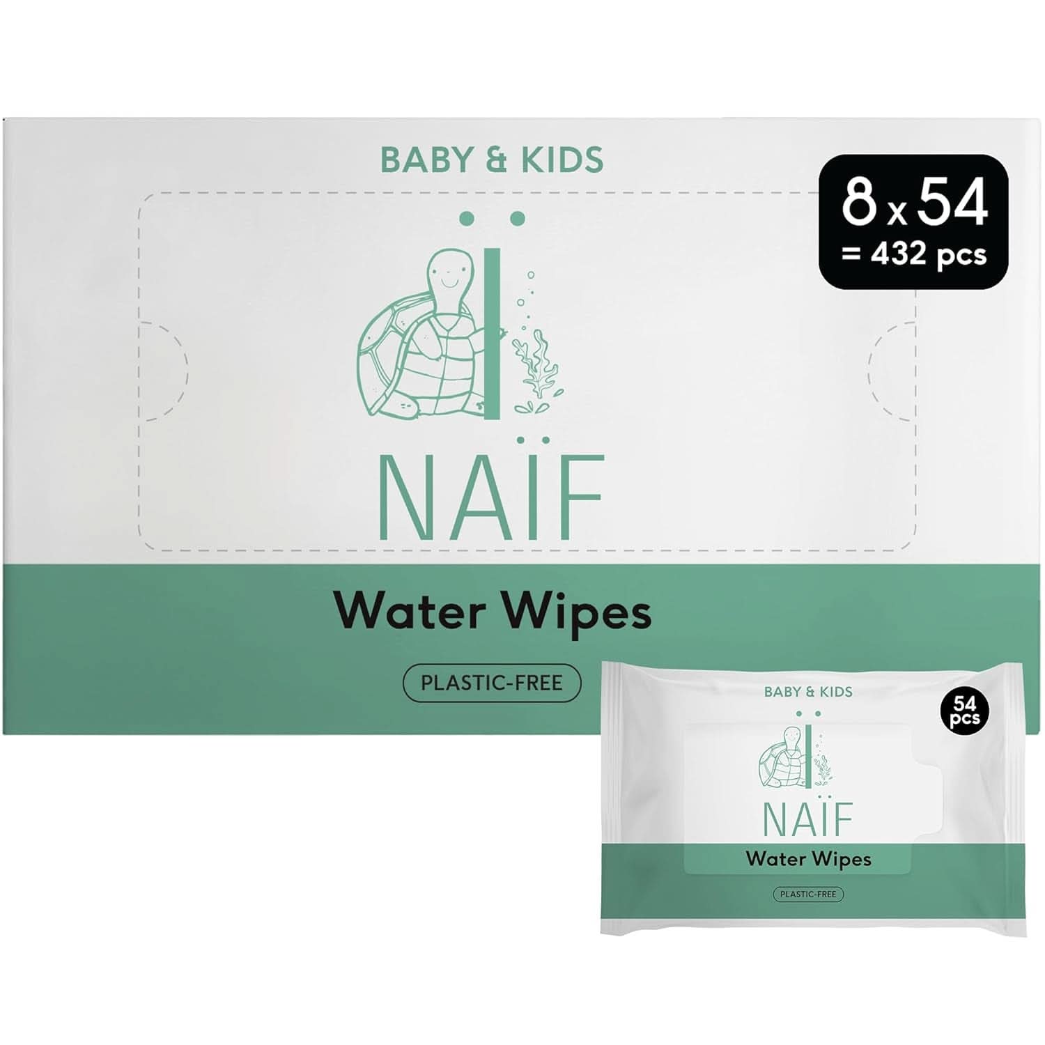 Naïf Plastikfreie Feuchttücher 432 Stück (8Er X 54 Feuchttücher) - Pflege Für Babypo, Körper Und Gesicht - 99 % Aus Wasser - 0 % Parfüm Und Alkohol - Nachhaltige Feuchttücherbox Etiv84 Balíček vody Eukalyptus Sensi
