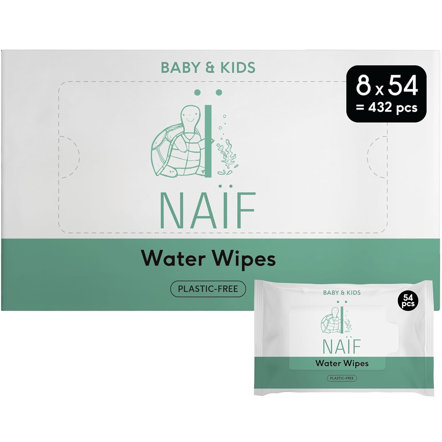 Naïf - Vlhčené ubrousky bez plastů - 1296 kusů (24 kusů X 54 vlhčené ubrousky) - Dětský zadeček, péče o tělo a obličej - 99 % voda - 0 % vůně a alkohol
