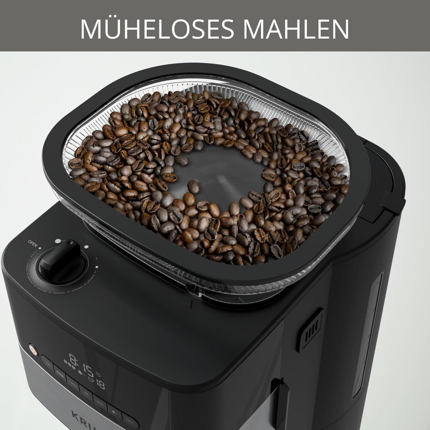 Krups Espresso kávovar KM8328 mletí s mlýnkem | 24hodinový časovač | Nádoba na obilí 180 g | Kapacita 1,25 l až pro 15 šálků kávy | Funkce automatického vypnutí | 3 nastavení mletí | Černý