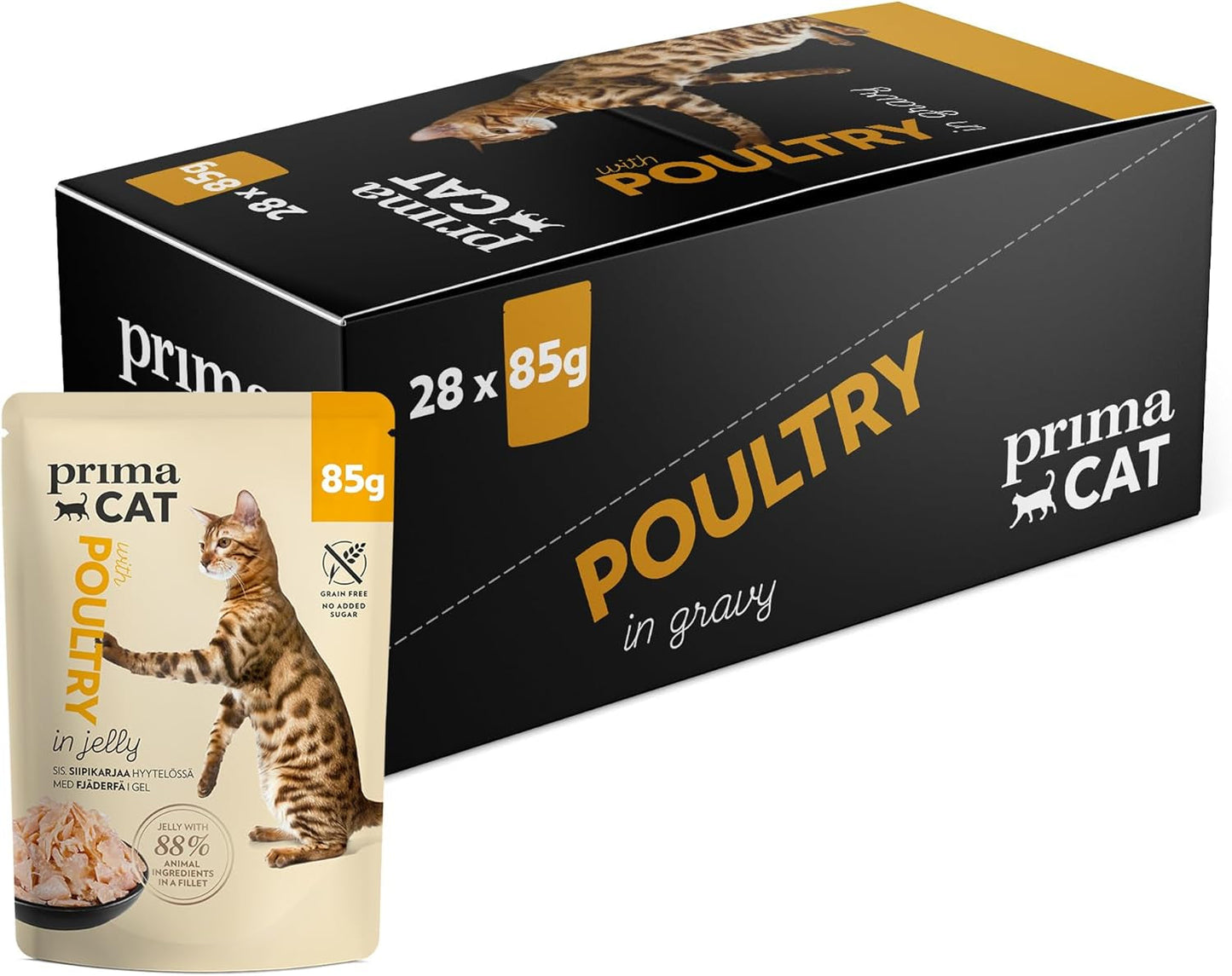 PrimaCat - Klasické mokré krmivo pro kočky, příchuť ptáček v omáčce, 28 x 85 g