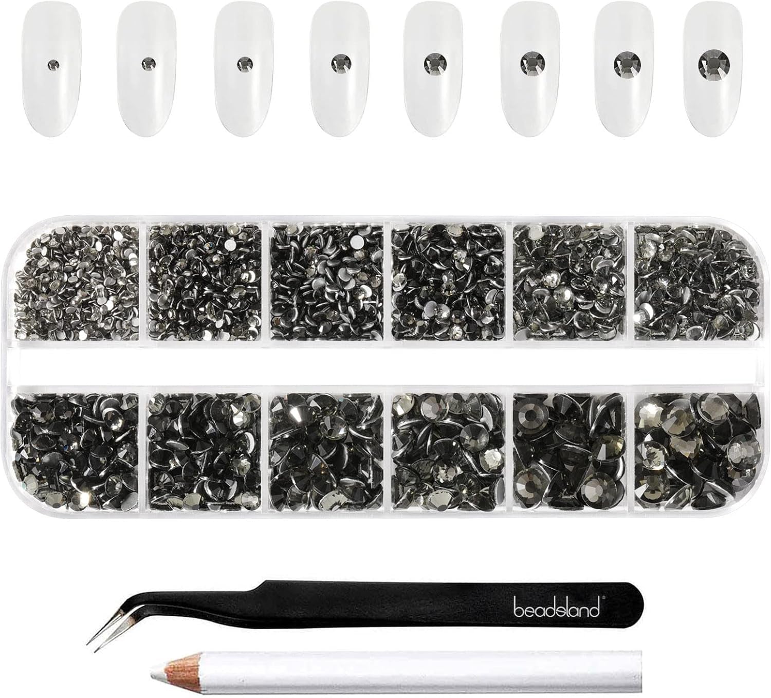 Beadsland 2500 ks Glas Nailart Strasssteine ​​​​Kristall Flatback Edelsteine ​​Runde, ​​Für Handwerk Gemischt 8 Größen SS4 ~ SS30 Mit Picking Pinzette Und Stift (Kristall Weiss)