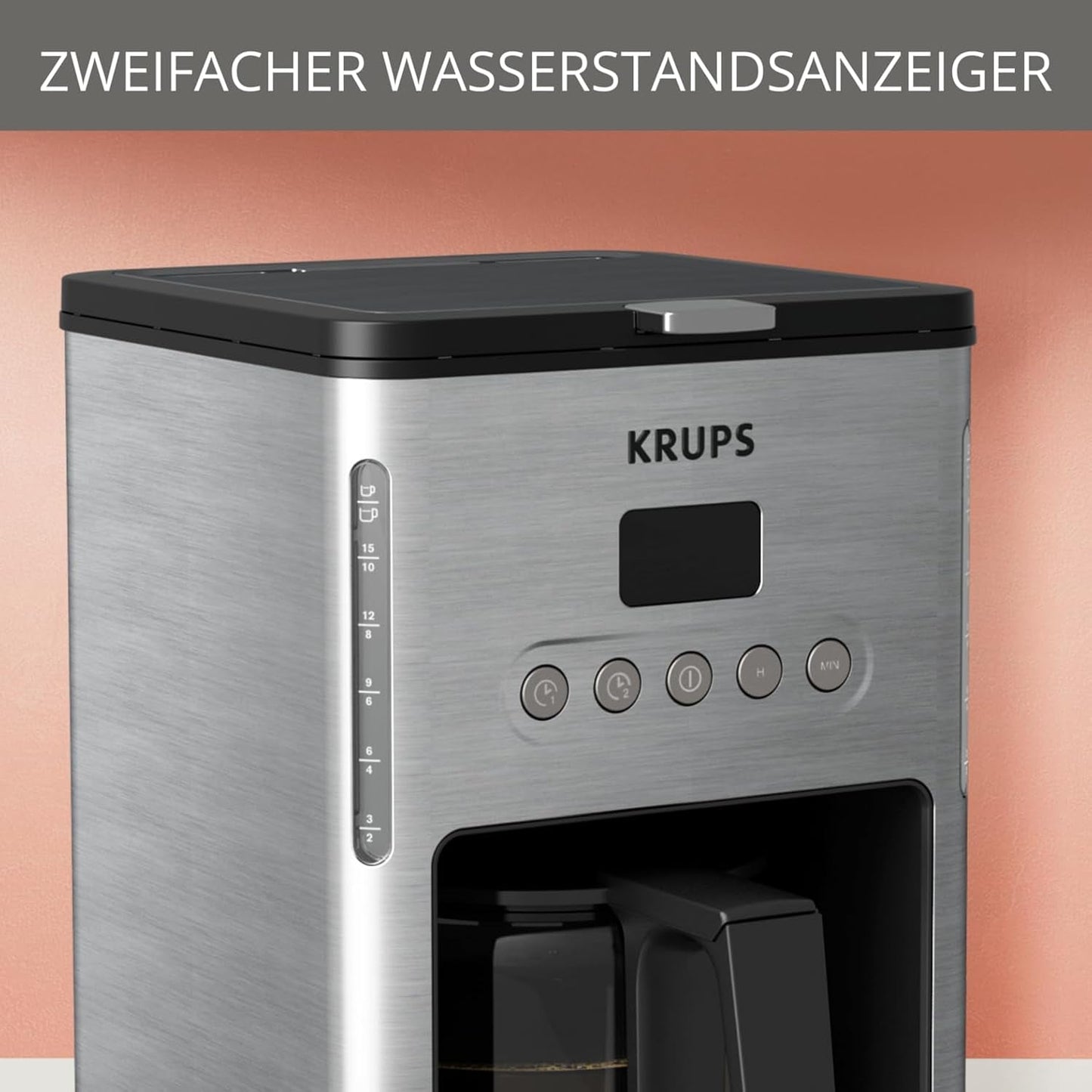 Kávovar na espresso s filtrem Krups KM442D Premium | 10-15 šálků | 1000 wattů | programovatelný | funkce udržování teploty | nerezová ocel | černý