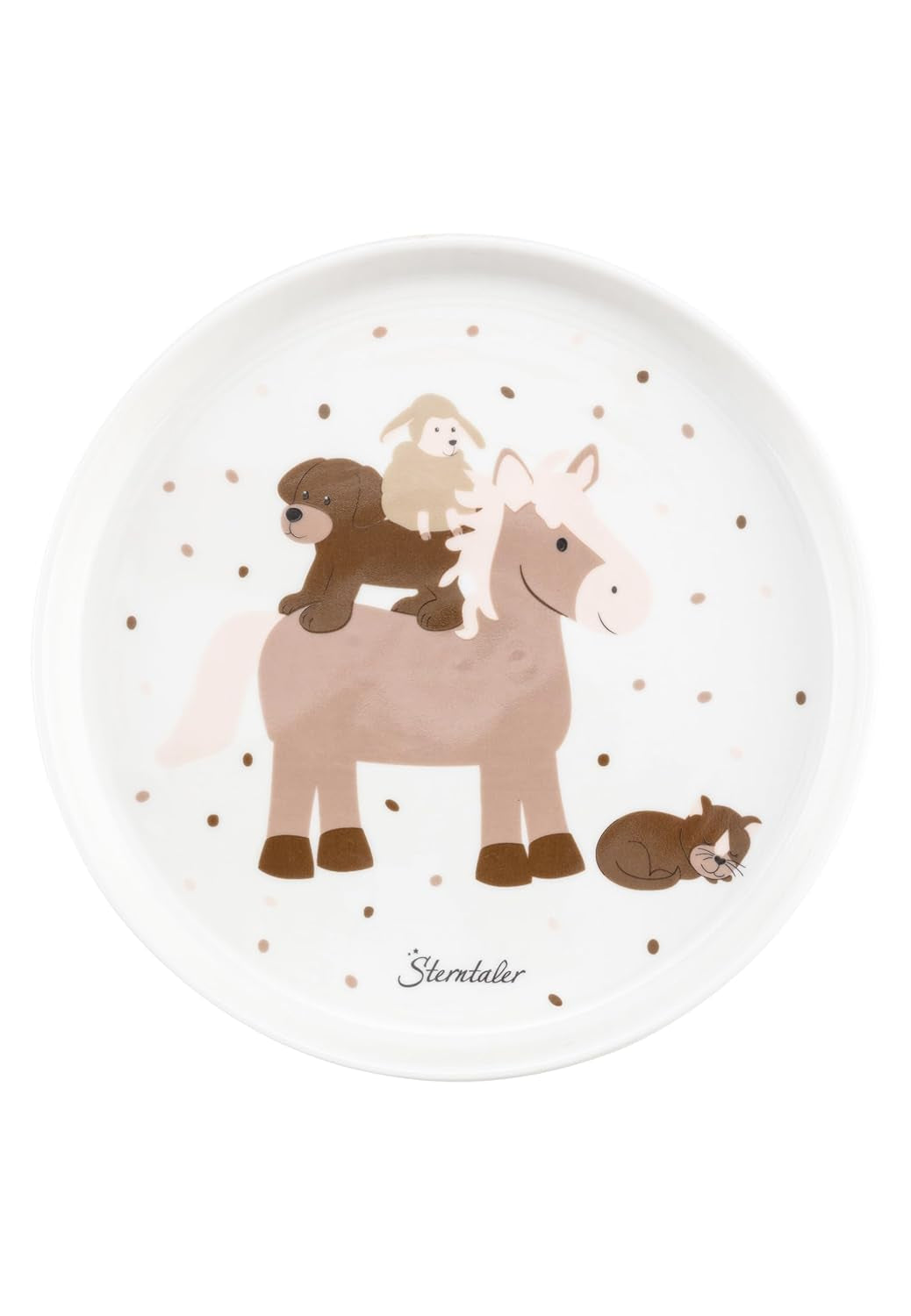 Porcelánová sada nádobí Sterntaler Rustikální design - Protiskluzová a odnímatelná silikonová základna Sada nádobí pro miminka a děti s talířkem, 400 ml miska a 200 ml hrnek, bílá