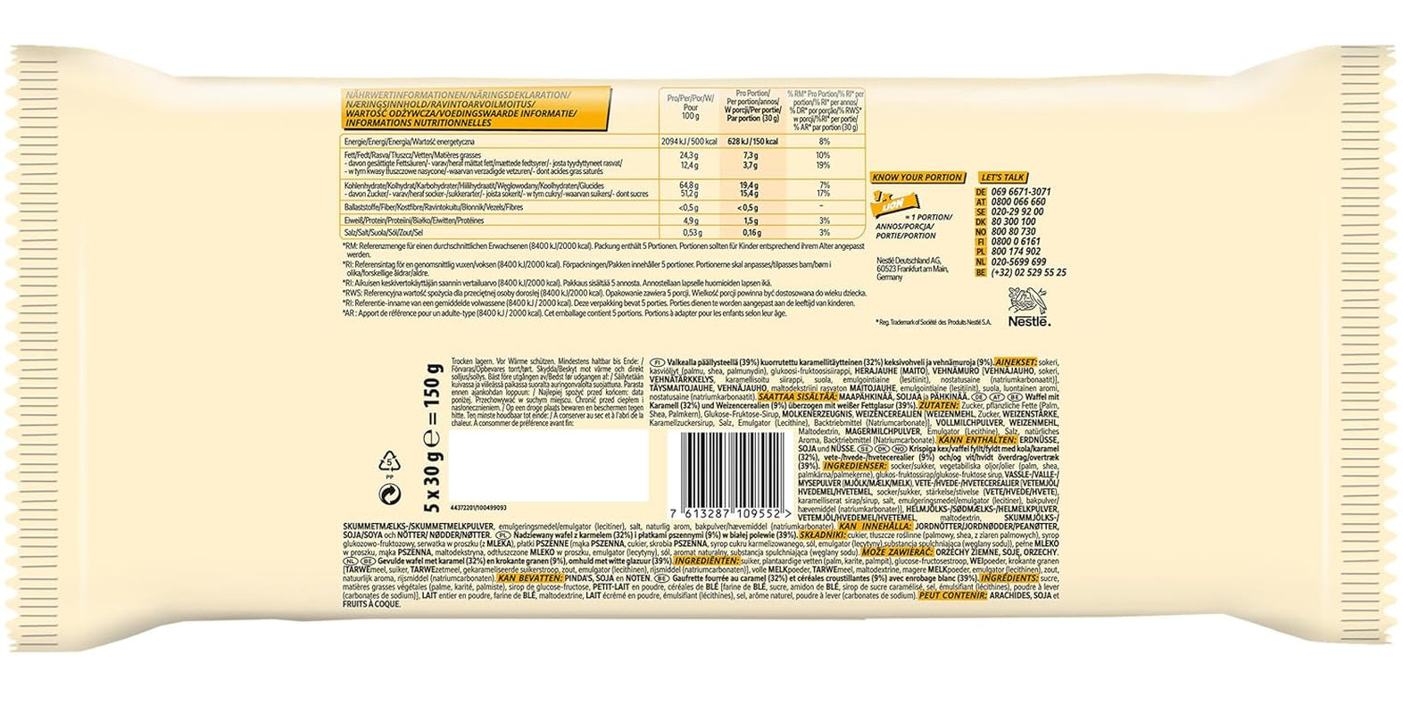 Vícenásobné balení Nestlé LION, čokoládové tyčinky s bílou polevou, lahodná karamelová náplň a křupavá oplatka, velké balení bonbonů, 1 balení (5 x 30 g)