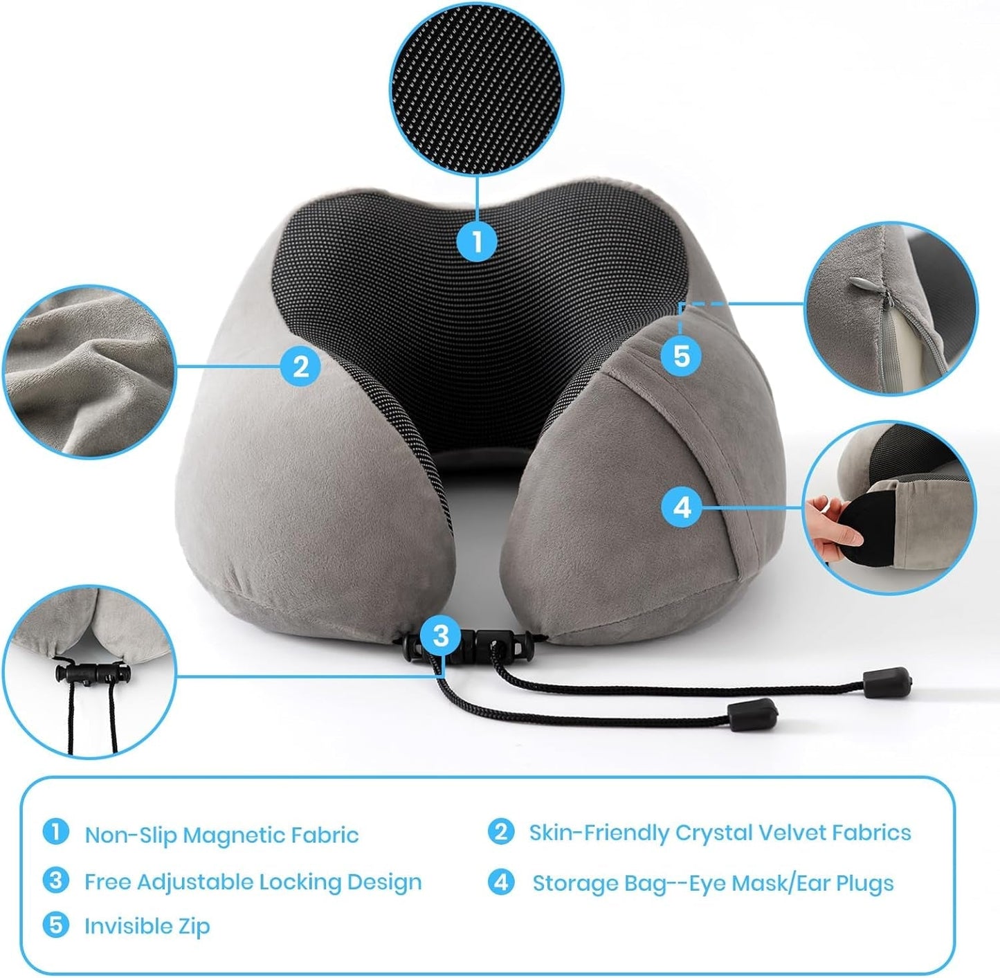 Polštář na krk Good Nite Polštář na krk Letadlo Polštář na krk Polštář na krk pro dospělé Polštář na krk do auta Polštář na hlavu Ergonomická paměťová pěna Lze prát s úzkými zády Nastavitelné šedé cestovní polštáře Naty Shop
