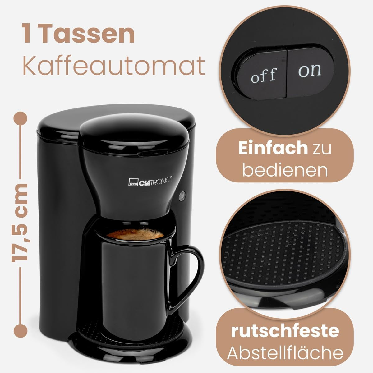 Kávovar Clatronic® na 1 šálek | Perfektní espresso kávovar pro jednotlivce | Espresso kávovar s filtrem, včetně keramického šálku | Malý kávovar na espresso s filtrem, ideální na cesty | KA 3356