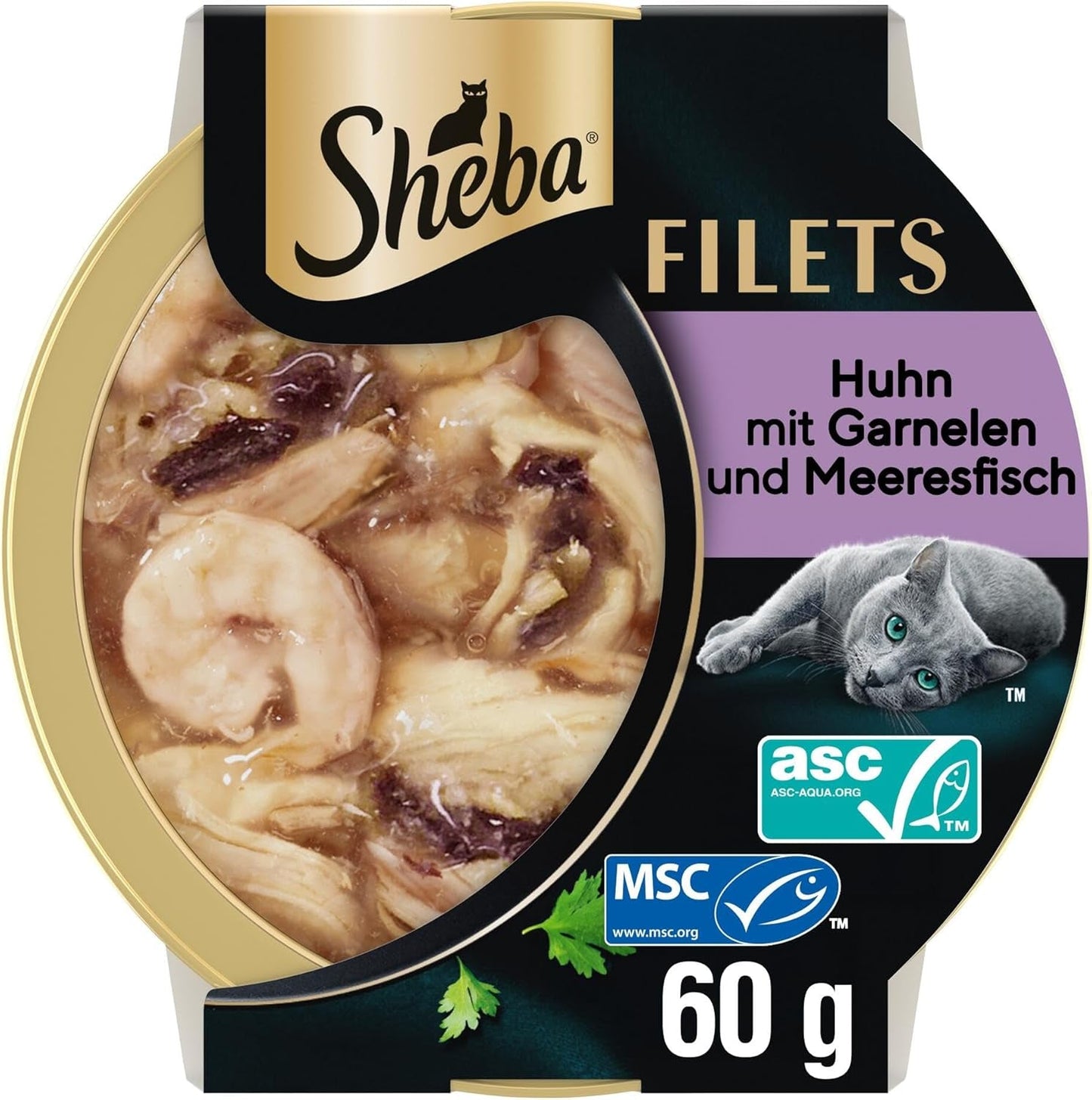SHEBA Filé pro dospělé Katzenfutter v omáčce s kuřecím masem, Hochseefisch und Garnelen 16 x 60 g skořápka