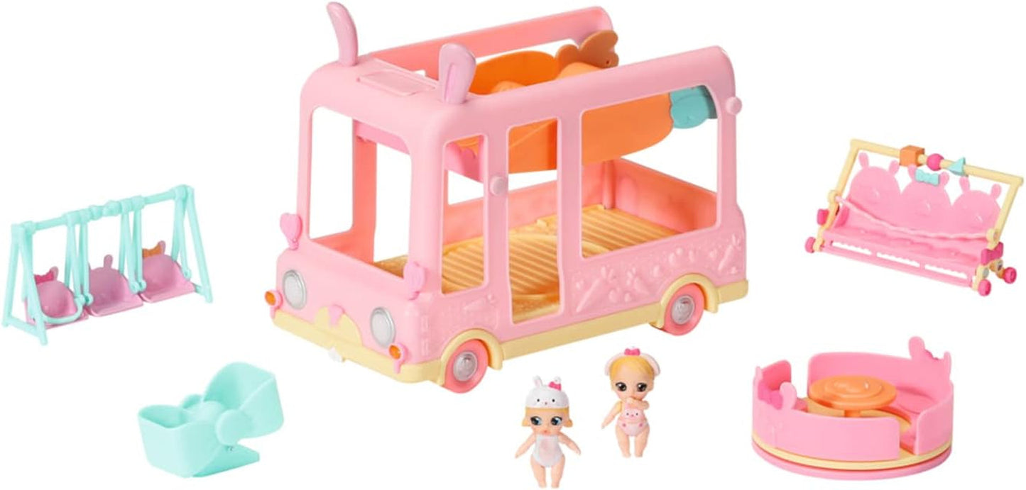 BABY born 904763 Baby Surprise Bus - růžový miniautobus pro panenky se 2 exkluzivními panenkami, trojitým kočárkem, houpačkou, kolotočem, skluzavkou a trojhoupačkou.