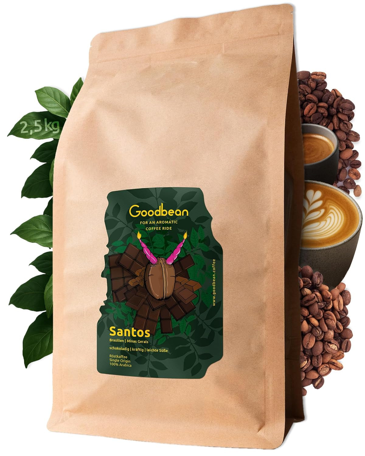 Santos | Kávová zrna 2500g - 100% Arabica z Brazílie | pro espresso, cappuccino nebo silnou filtrovanou kávu | Všestranná pečeně | Klasická káva – perfektní úvod do speciální kávy