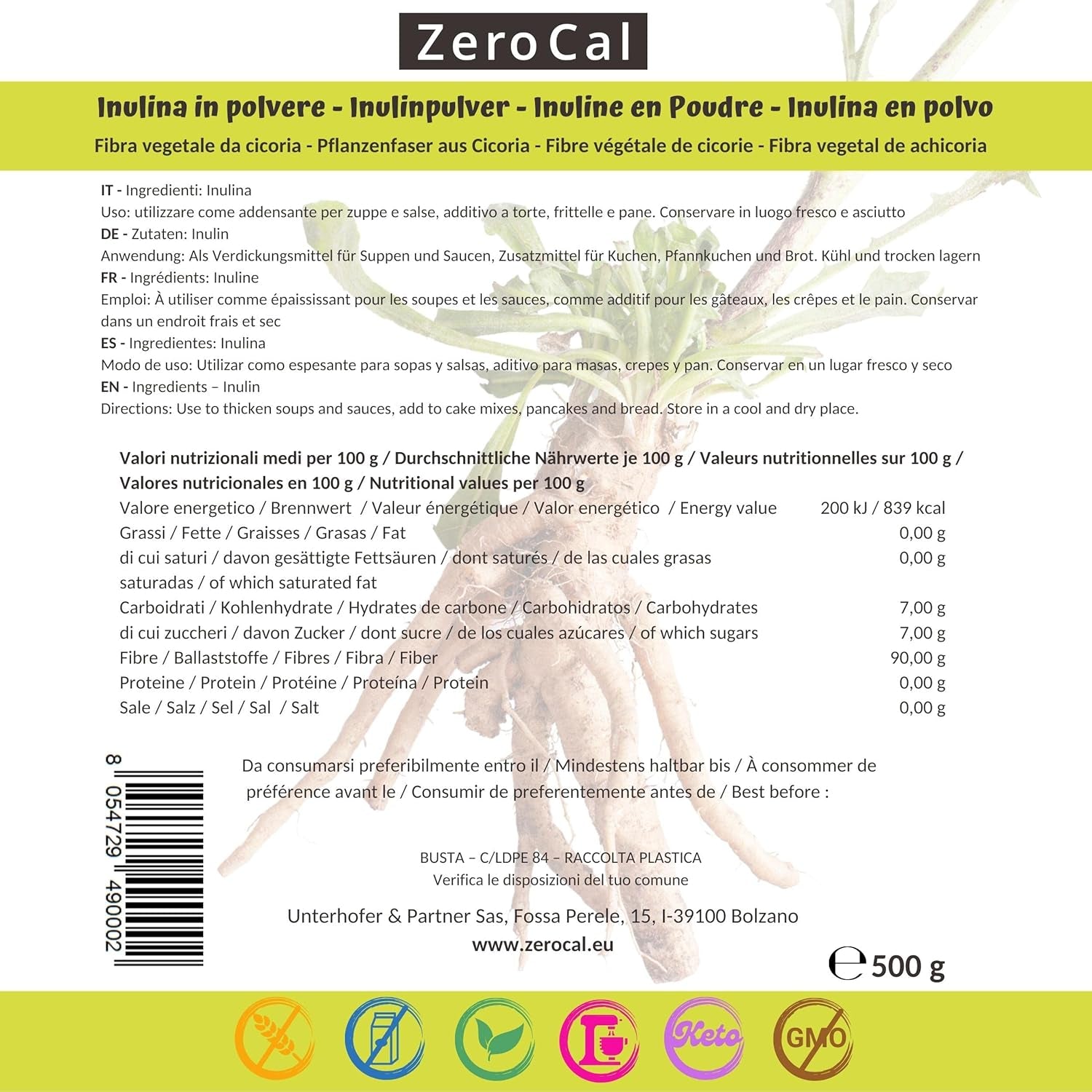 Zerocal - Inulinový prášek z čekanky-wurzel 500 G | Inulin Mit Hohem Ballaststoffgehalt | 100% vegan a bez lepku | Herkunft Deutschland Sweeteners Naty Shop