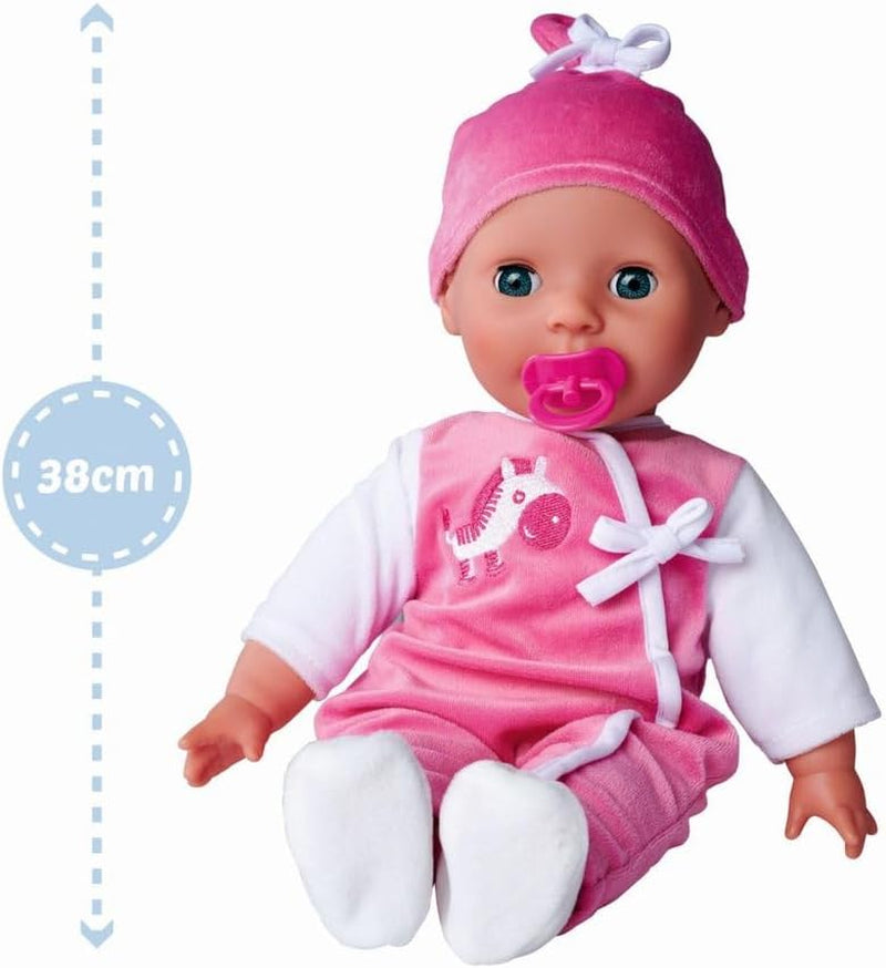Simba 105140489 - Panenka Laura Baby Talk, 38 cm panenka s měkkým tělem a ospalýma očima v roztomilém overalu, 24 dětských zvuků, panenka na hraní, panenka, věk 2+