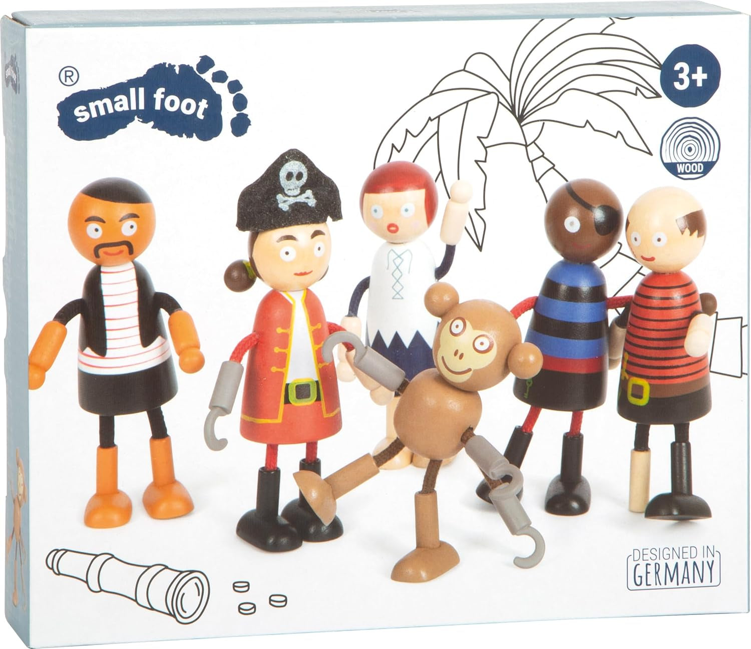 Small Foot Flexibilní dřevěné pirátské panenky, 5 pirátů a 1 opice, detailní a flexibilní, věk 3+, 12412