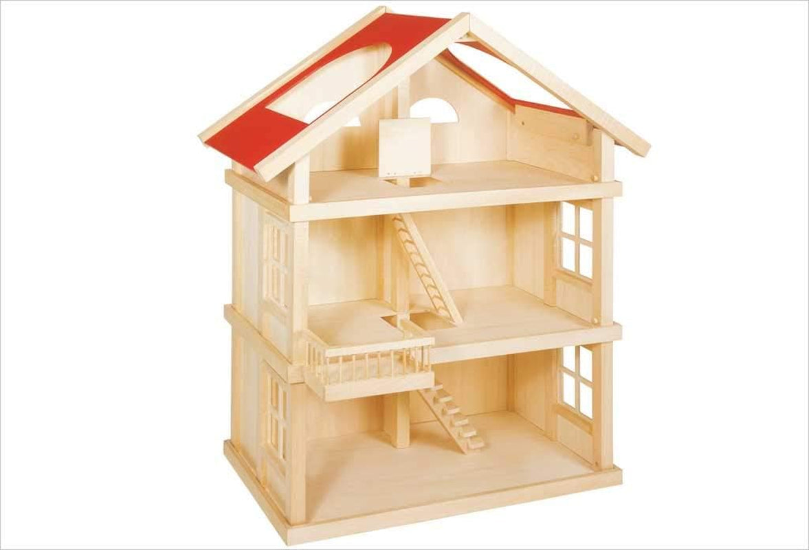 51957 Dřevěný domeček pro panenky, 65 x 35 x 87,5 cm – velký dřevěný domeček pro panenky, 3 patra, otevřený design, červená střecha, schody a balkón pro kreativní hraní rolí, svět domečku pro panenky