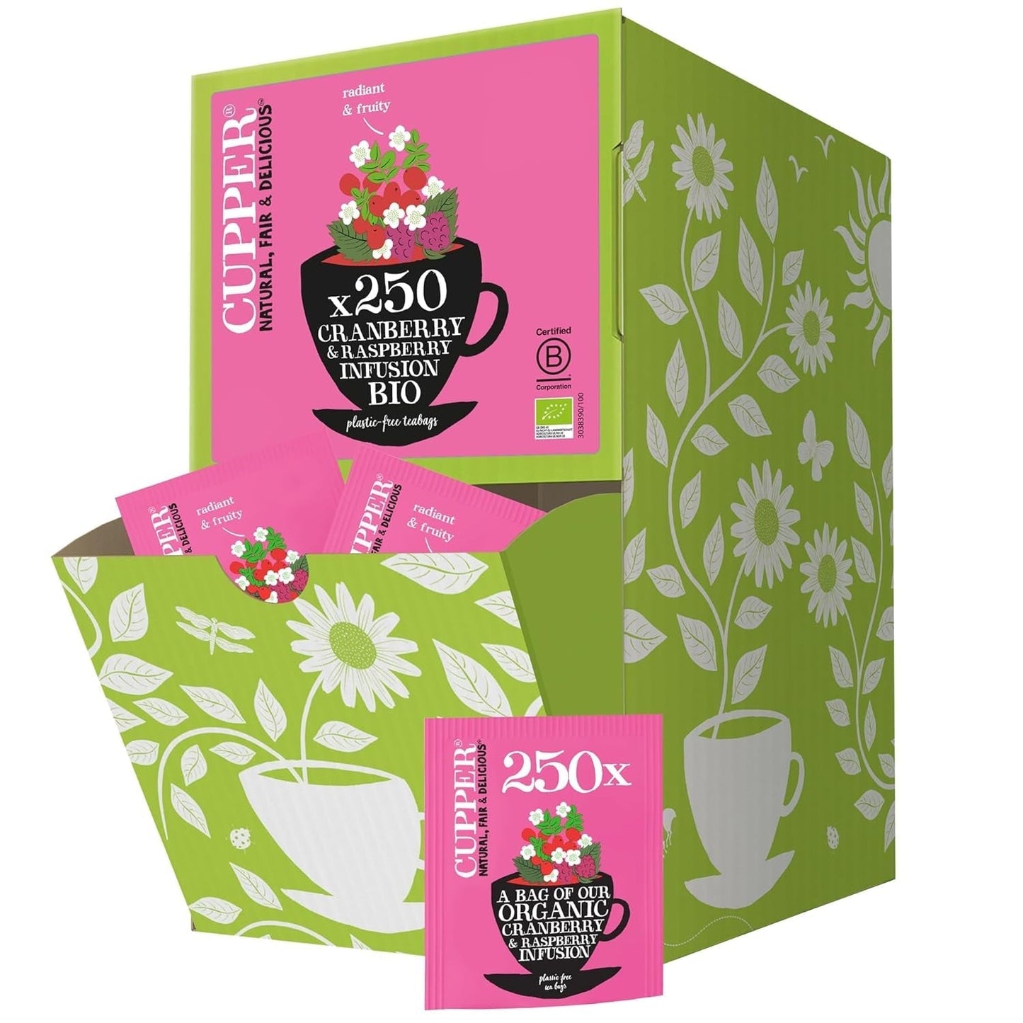 Cupper Bio ovocný čaj Brusinka Malina | Malinový čaj | 250 nebělených čajových sáčků | Velké balení | Ideální do kanceláře | Ekologické | Fair trade