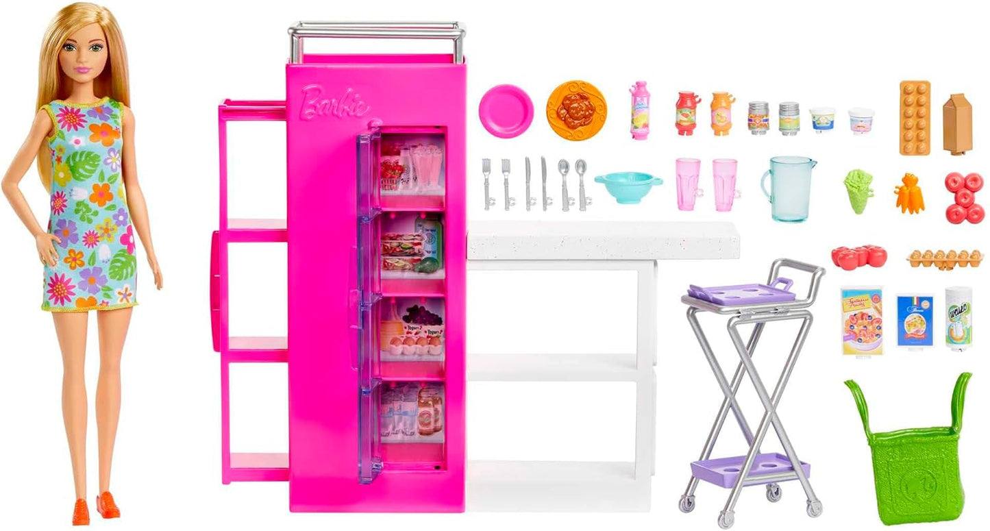 Hrací sada pro panenku Barbie se spíží s 25 a více kuchyňskými kousky a doplňky – ideální pro malé gurmány a dárek pro děti od 3 let, HJV38