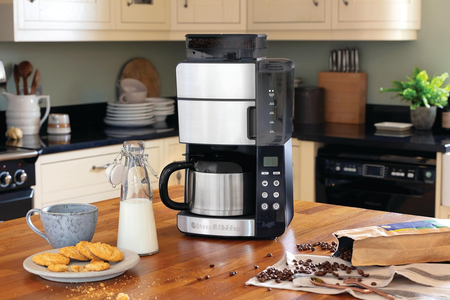 Kávovar Russell Hobbs s mlýnkem a termo karafou [Digitální časovač, sprchová hlavice pro optimální extrakci a aroma] Grind&Brew (1-10 šálků, 3 nastavení mletí) Filtrační kávovar 25620-56