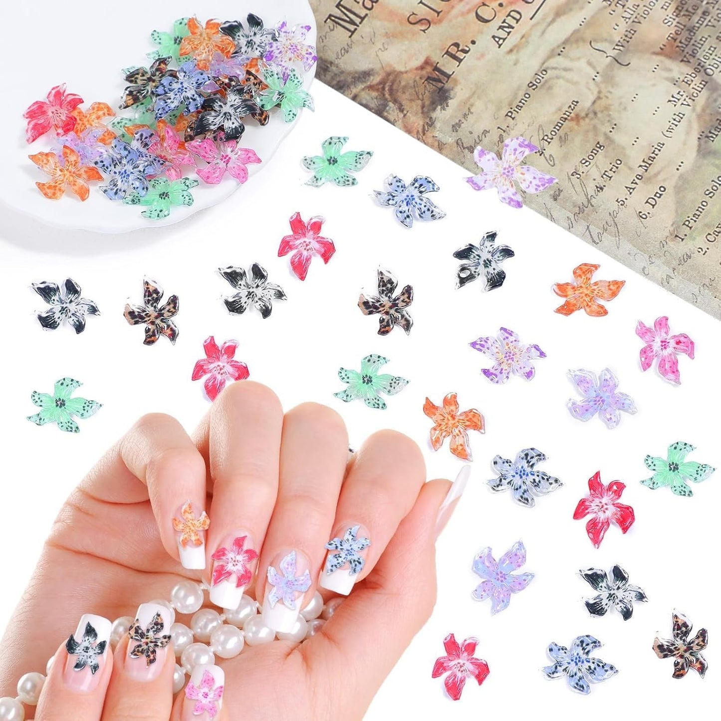 50 ks 3D Blumen Nägel Nail Charms Bunt Gelee Weich Kleber Lilie Flower Blume Nagel Ibišek Zubehör Nageldesign Eis Kristall Geprägt Farbverlauf Lilien Für Mädchen Frauen Diy Basteldekoration