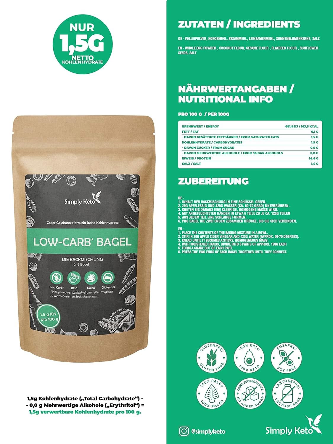 Simply Keto Lower Carb* Směs na pečení bagel pro nižší sacharidy* a ketogenní dietu – bez laktózy a lepku – 335 gramů Naty Shop Kitchen