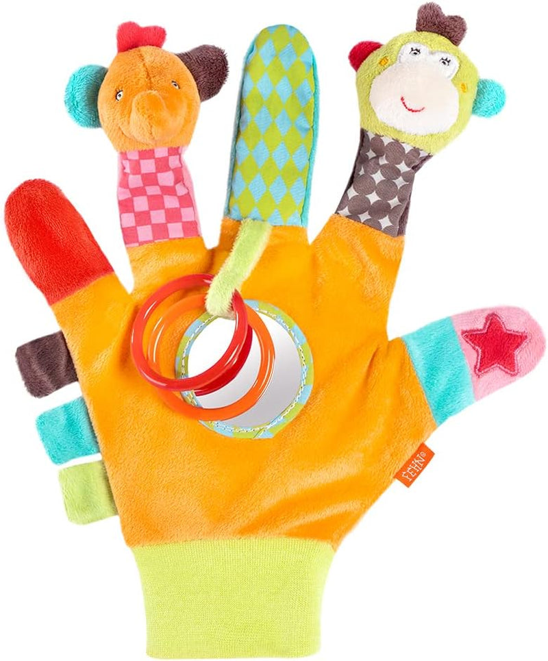 Fehn Play Glove Safari - Prstové loutky Hračka pro miminko Opice a slon pro uchopování a vytváření zvuků a měkká obrázková kniha Bruno - dotyková kniha pro děti s motivy zvířat Hračky pro miminka Naty Shop