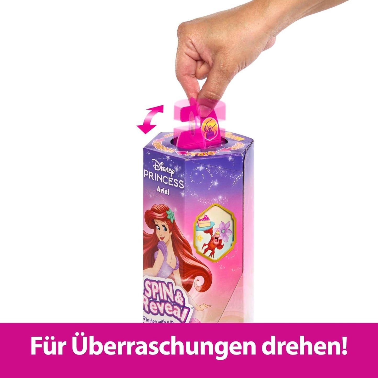 Mattel Disney Princezna Ariel Spin & Reveal Sada módních panenek s 11 překvapeními, včetně 5 doplňků, 5 samolepek a herní scény inspirované filmem HTV88