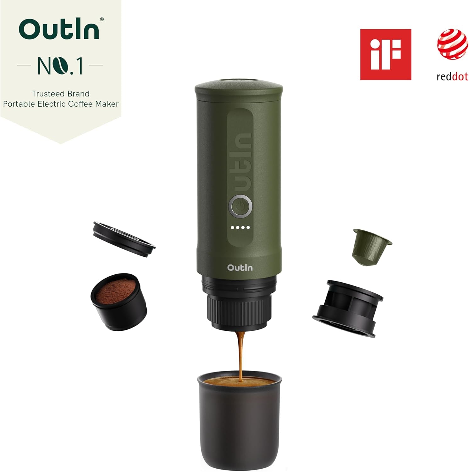 OutIn Nano přenosný elektrický kávovar na espresso, kempingový kávovar, USB-C samoohřev, kompatibilní s mletou kávou a kapslemi NS