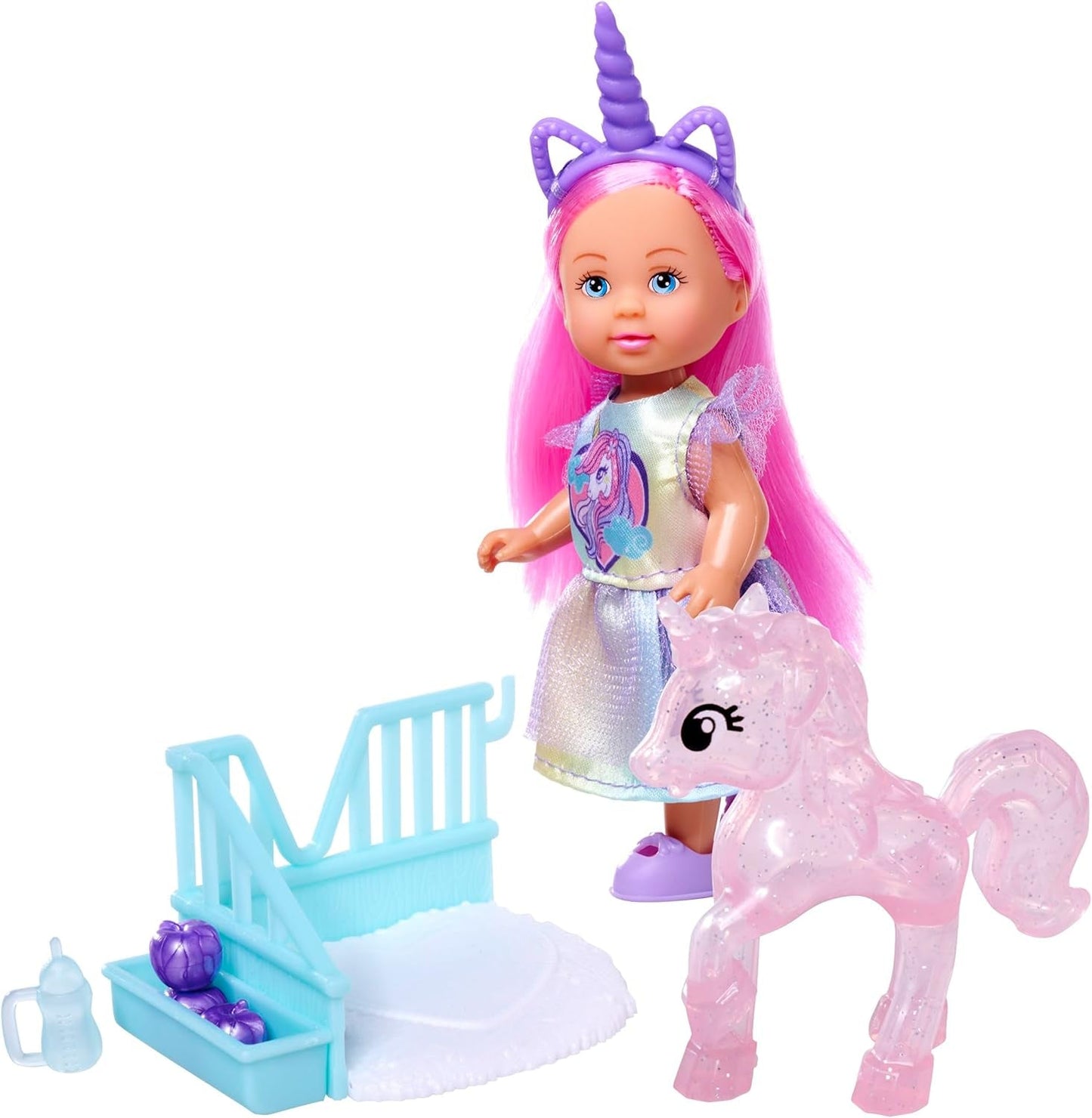 Hrací panenka Simba Evi Love Unicorn v roztomilých šatech s jednorožcem se sladěnou čelenkou, včetně jednorožce se stájí, jablka a láhve na pití, 12 cm, věk 3+