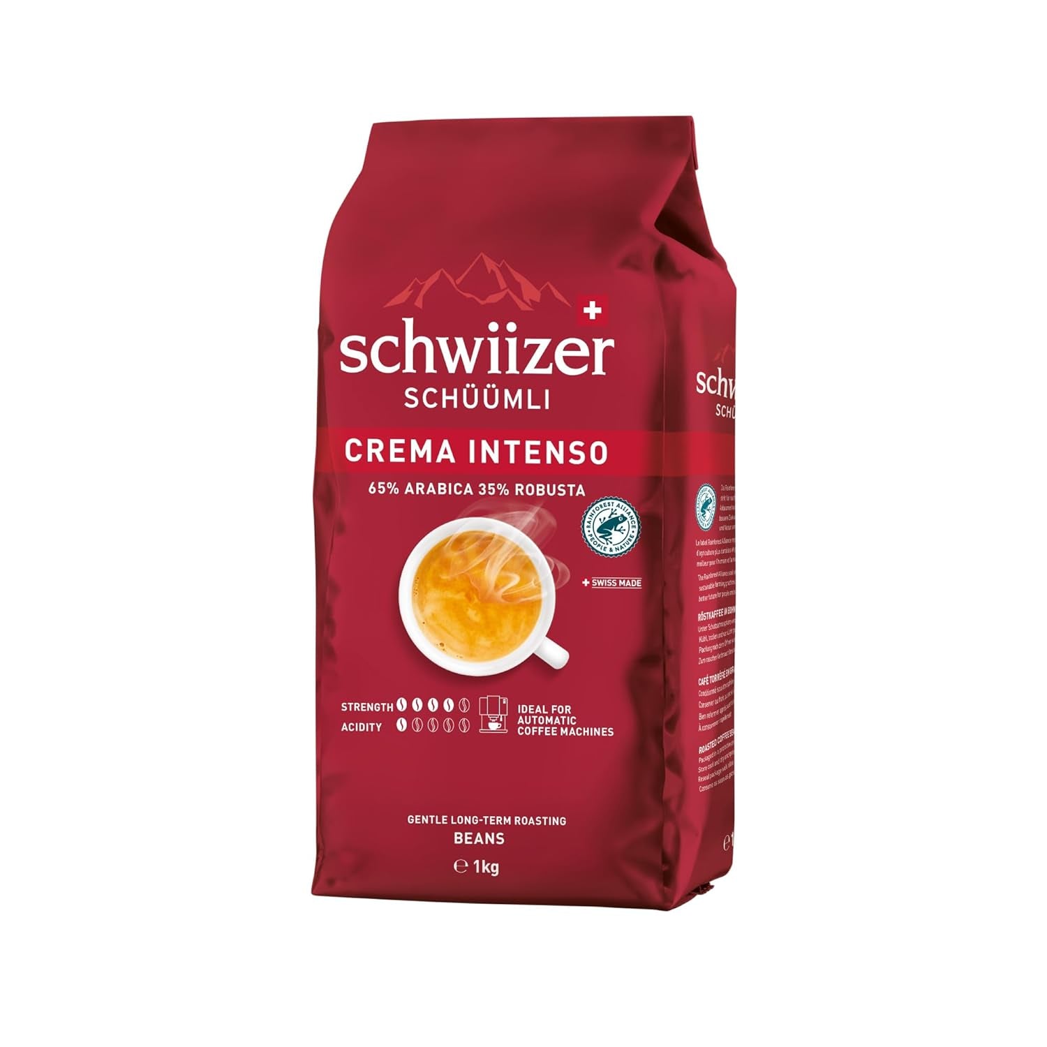 Schwiizer Schüümli Intenso, kávová zrna Arabica/Robusta, plná a intenzivní, ideální pro automatické espresso stroje, síla 4/5, středně pražení, Rainforest Alliance, 1 kg