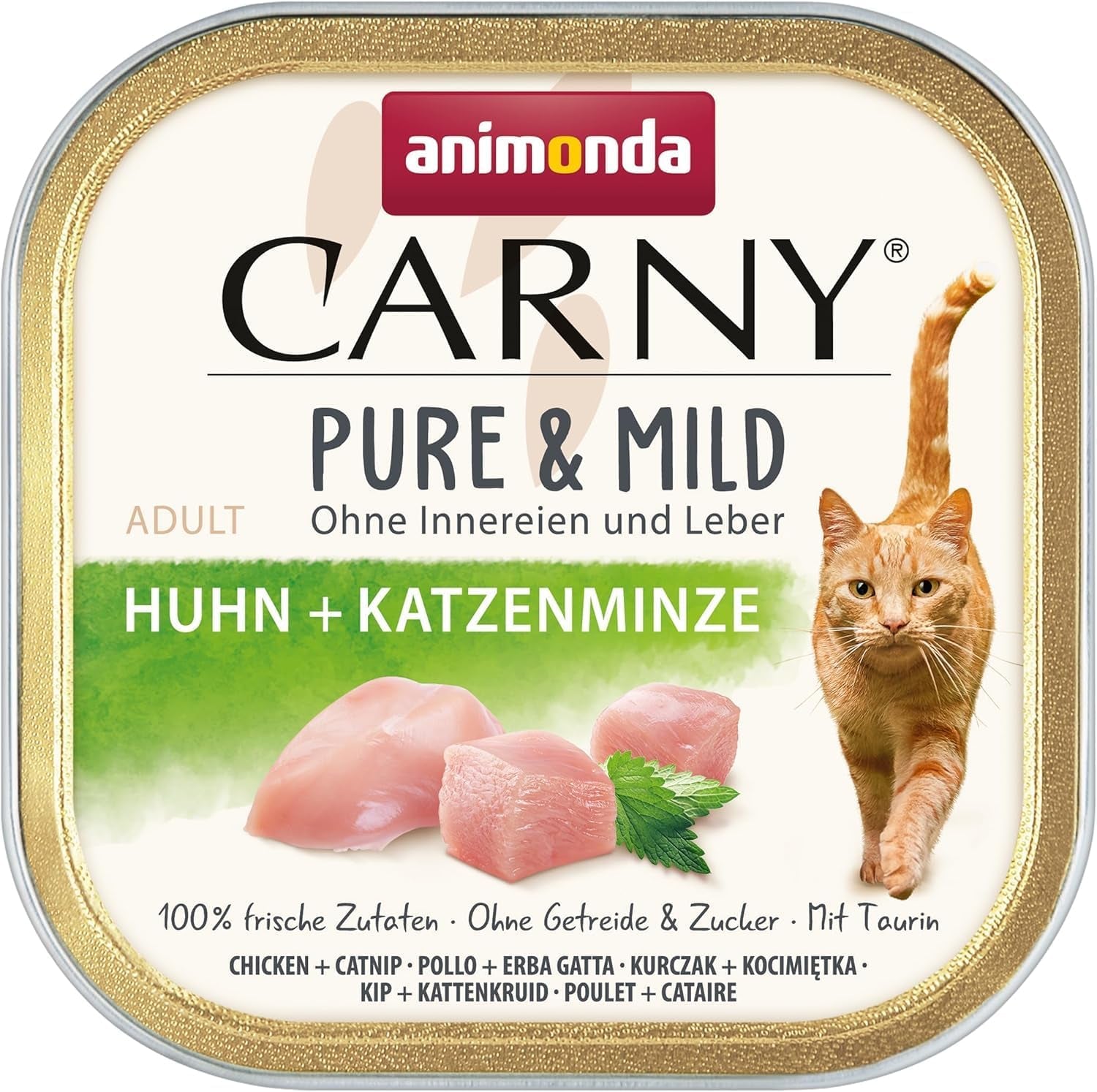 Adult Pure & Mild vlhké krmivo pro kočky s kuřecím masem a kočičím nipem (32 x 100 g), pro citlivé kočky, bez obilovin a cukru, lehce stravitelné vlhké krmivo s kuřecím masem