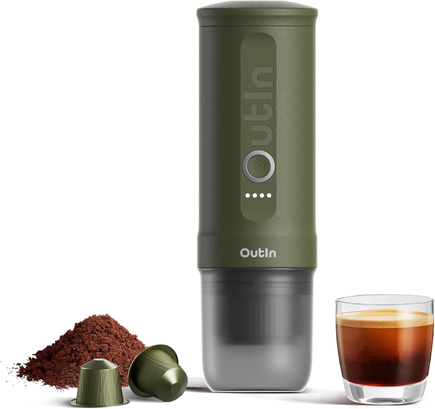OutIn Nano přenosný elektrický kávovar na espresso, kempingový kávovar, USB-C samoohřev, kompatibilní s mletou kávou a kapslemi NS