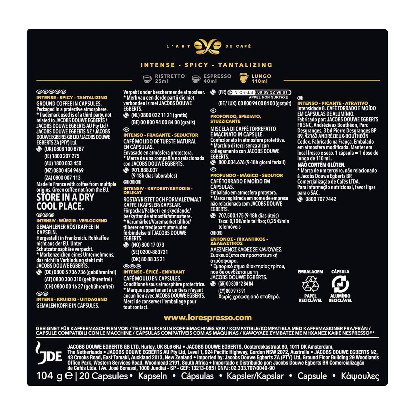 L'OR Espresso Koffiecups Lungo Profondo (200 kapslí Lungo Koffie, Gesicht voor Nespresso* Koffiemachines, Intensity 08/12, 100% Arabica Koffie, UTZ Gecertificeerd), 10 x 20 šálků