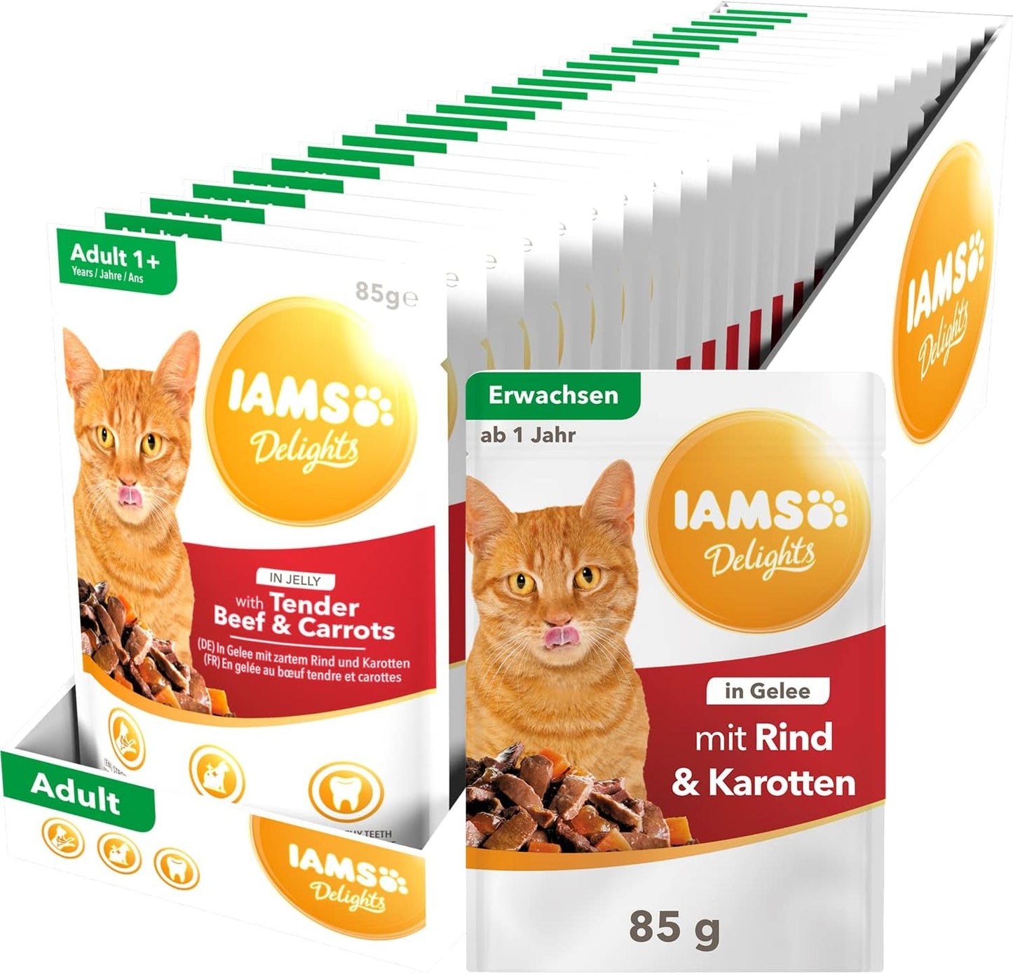 IAMS Delights Mokré krmivo pro kočky se šťavnatým hovězím masem a želé mrkví – kompletní mokré krmivo pro dospělé kočky, 24 sáčků x 85 g