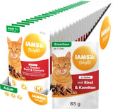IAMS Delights Mokré krmivo pro kočky se šťavnatým hovězím masem a želé mrkví – kompletní mokré krmivo pro dospělé kočky, 24 sáčků x 85 g