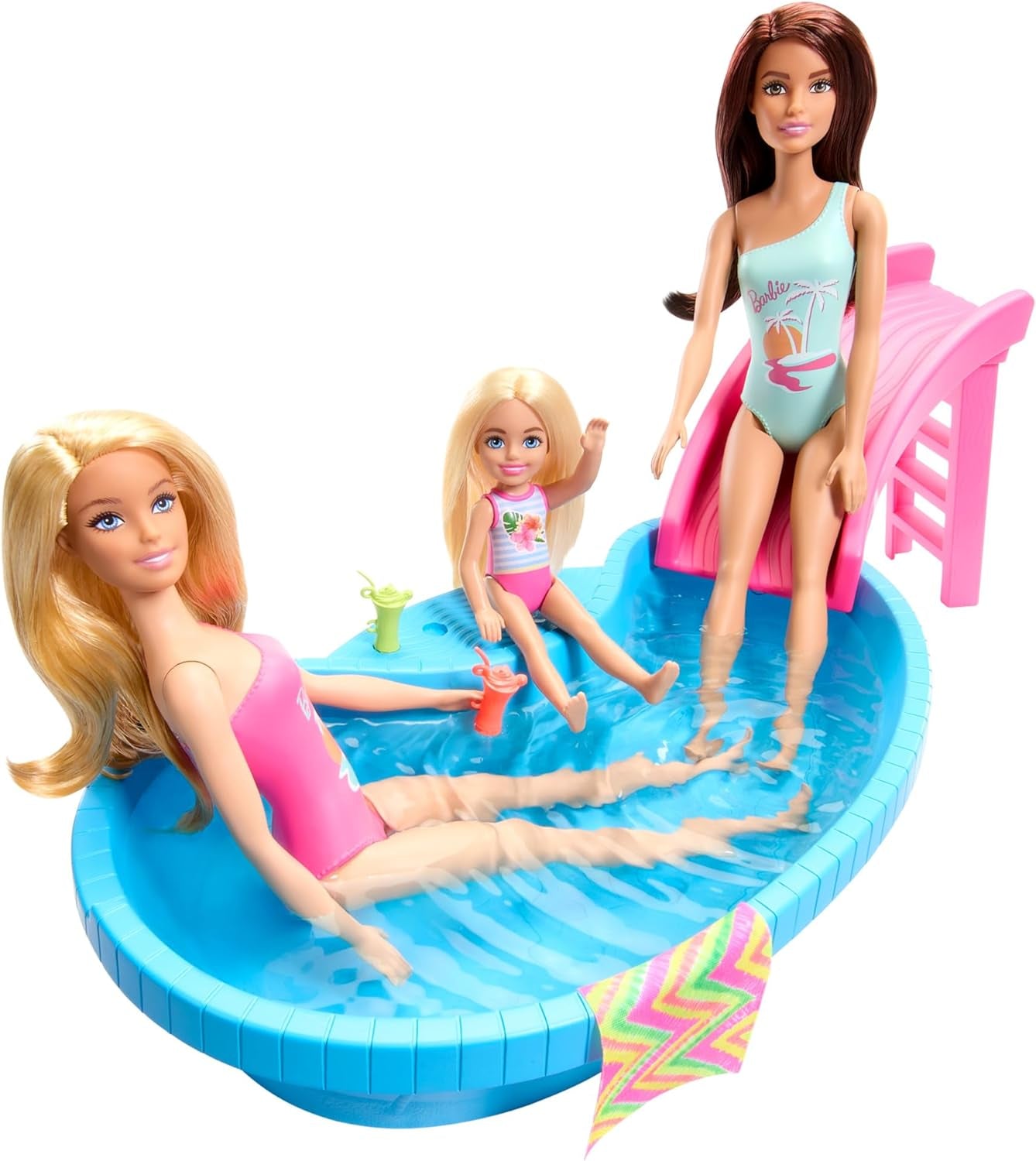 Panenka Barbie a doplňky - bazén se skluzavkou a doplňky pro hodiny zábavy na slunci, růžové plavky s tropickým designem, pro děti od 3 let, HRJ74 Naty Shop Dollhouses