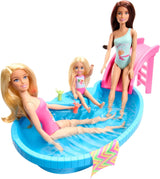 Panenka Barbie a doplňky - bazén se skluzavkou a doplňky pro hodiny zábavy na slunci, růžové plavky s tropickým designem, pro děti od 3 let, HRJ74 Naty Shop Dollhouses